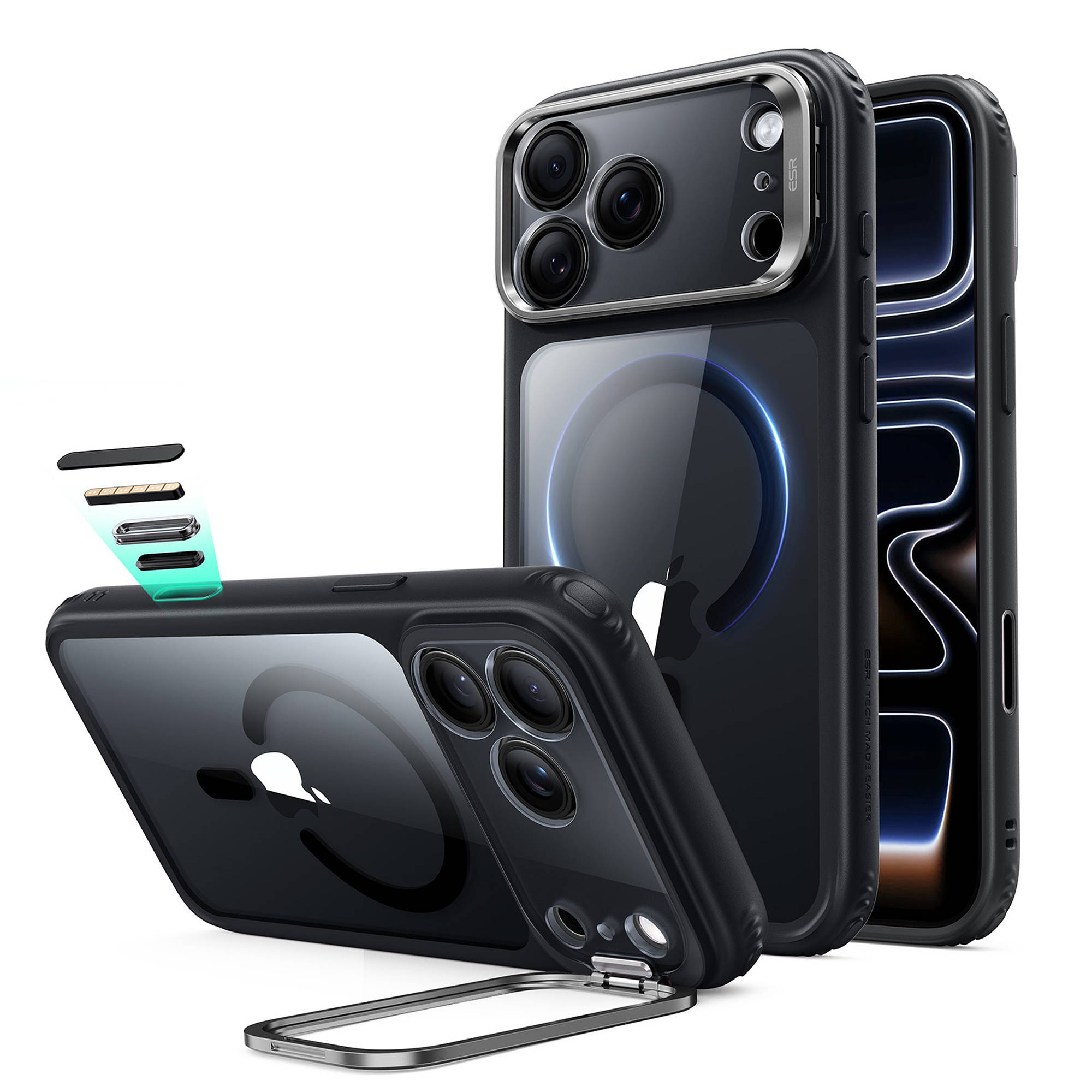 ESR Classic Hybrid Magnet Case mit Kamerasteuerung Taste & Stash Stand | Apple iPhone 18 Pro Max/17 Pro Max | transparent/schwarz | 1A91000202