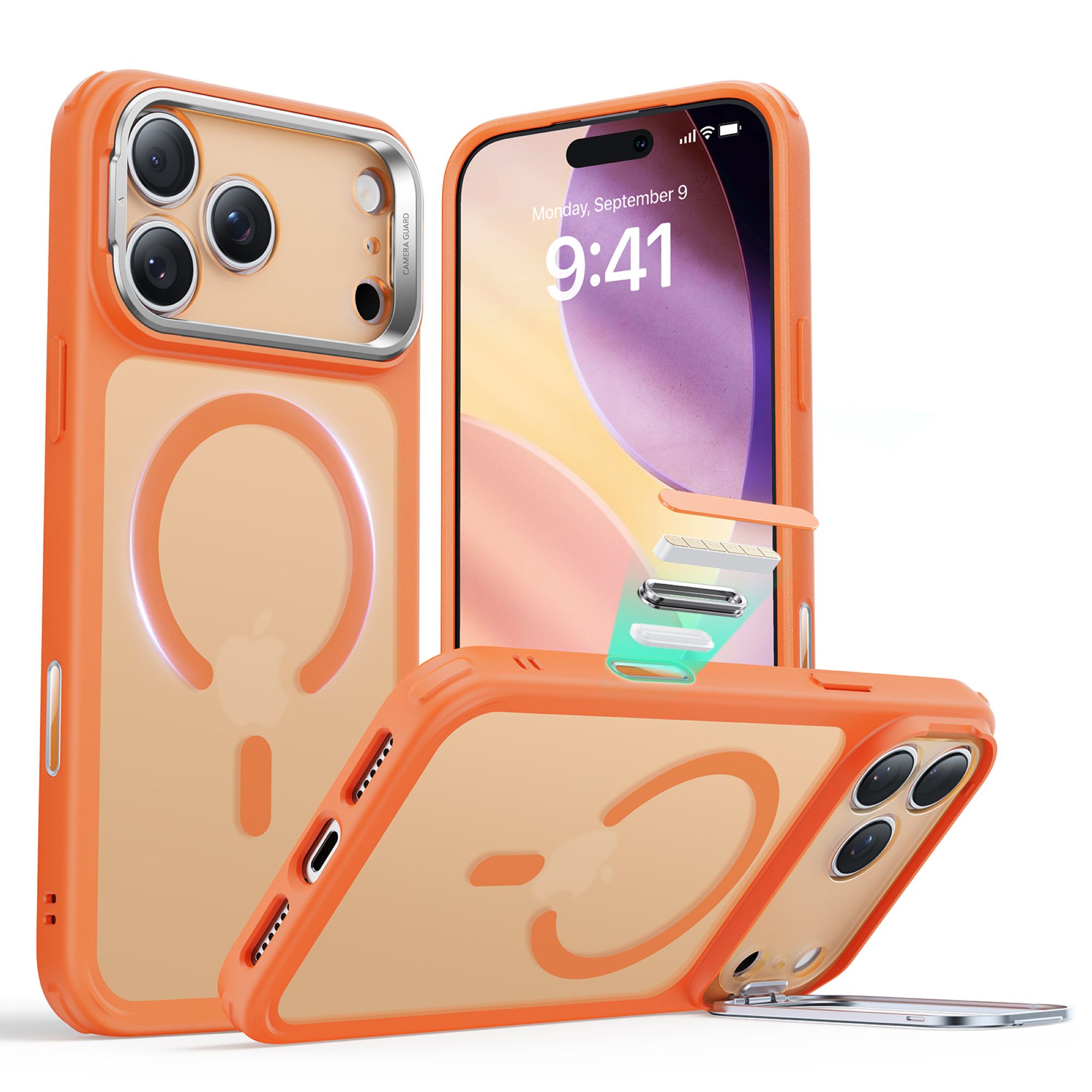 ESR Classic Hybrid HaloLock Case mit Kamerasteuerung Taste & Stash Stand | Apple iPhone 17 Pro Max | frosted orange (transparent) | 1A86800702