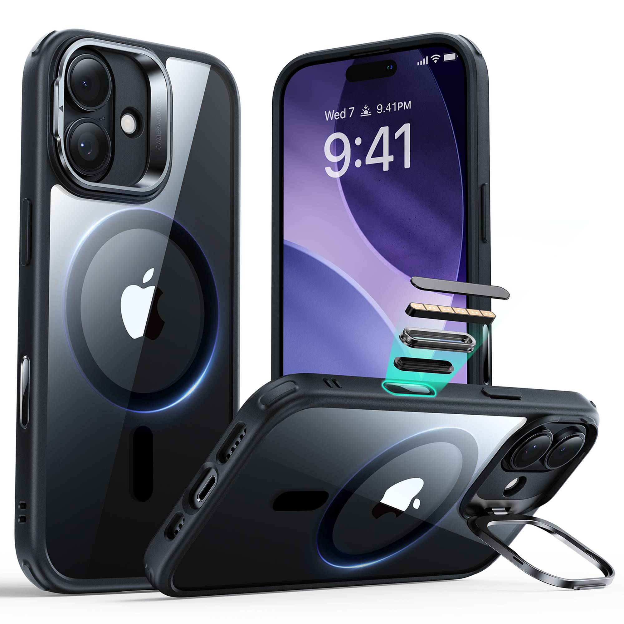 ESR Classic Hybrid HaloLock Case mit Kamerasteuerung Taste & Stash Stand | Apple iPhone 17 | transparent/schwarz | 1A86500301