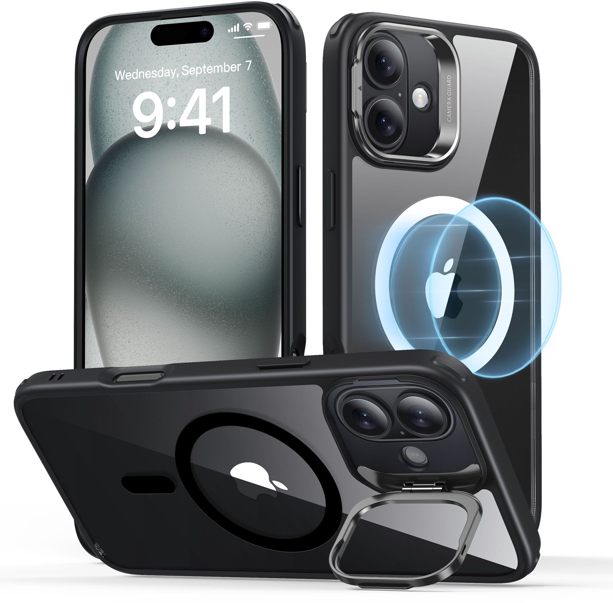 ESR Classic Hybrid HaloLock Case mit Stash Stand | Apple iPhone 16 | transparent/schwarz | 1A7470202