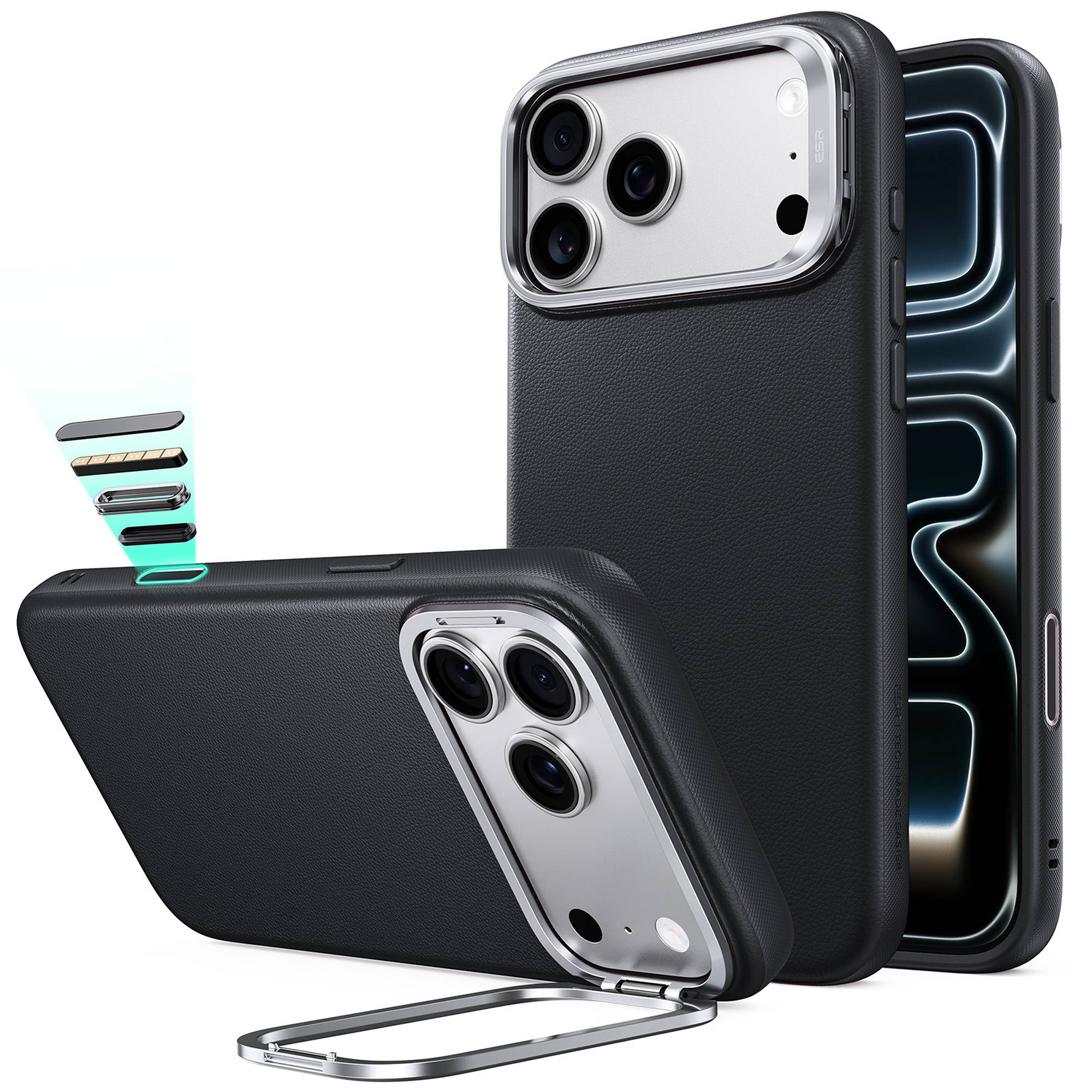 ESR Atelier Leder Magnet Case mit Kamerasteuerung Taste & Stash Stand | Apple iPhone 18 Pro/17 Pro | schwarz | 1A91500102