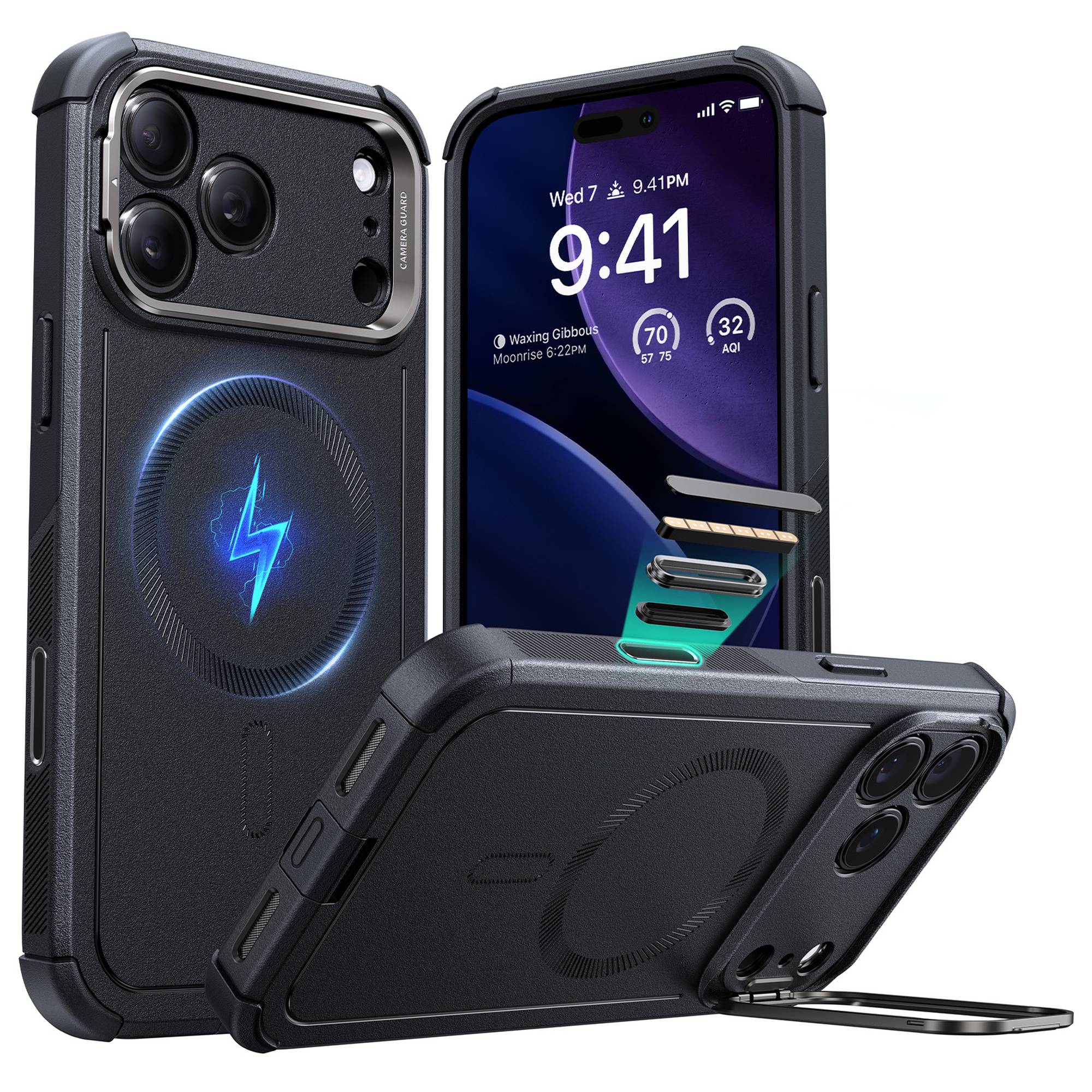 ESR Cyber Tough HaloLock Case mit Kamerasteuerung Taste & Stash Stand | Apple iPhone 17 Pro | schwarz | 1A88100101