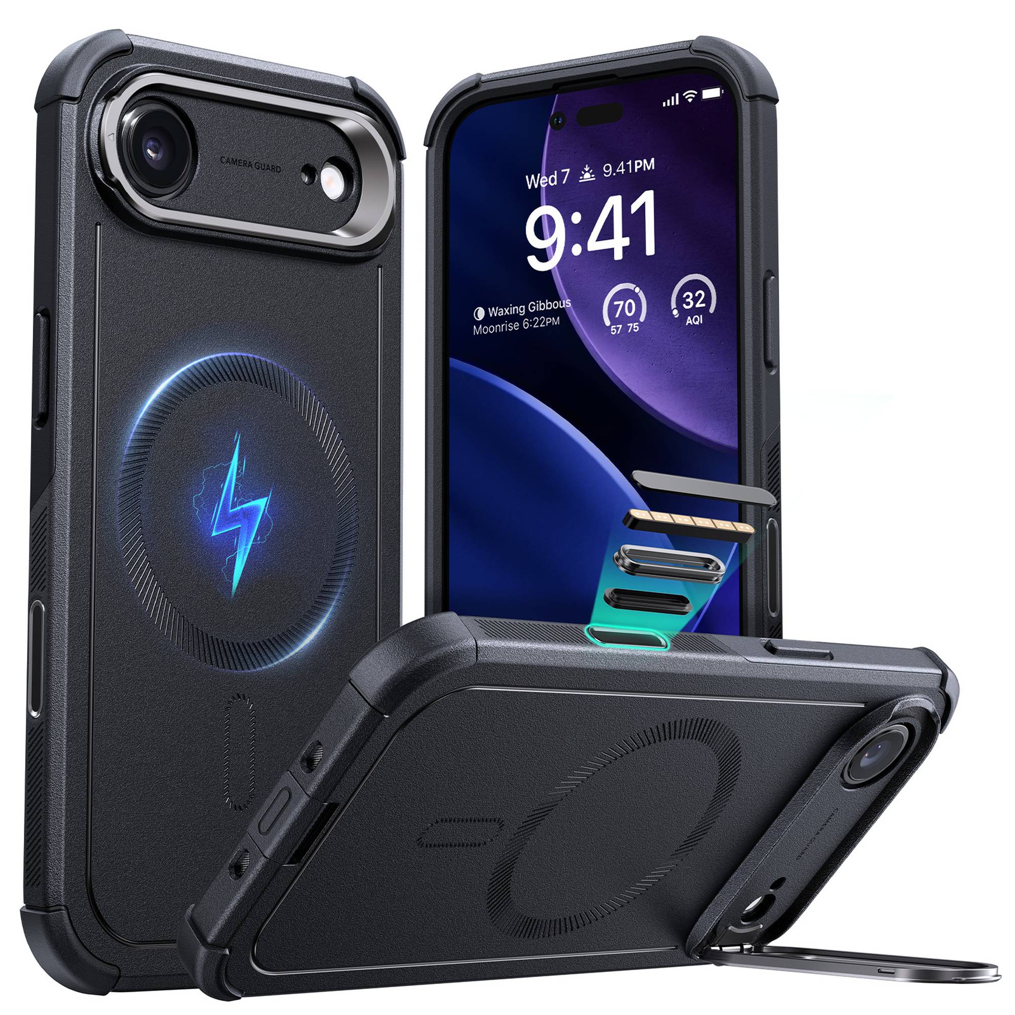 ESR Cyber Tough HaloLock Case mit Kamerasteuerung Taste & Stash Stand | Apple iPhone Air | schwarz | 1A88000101