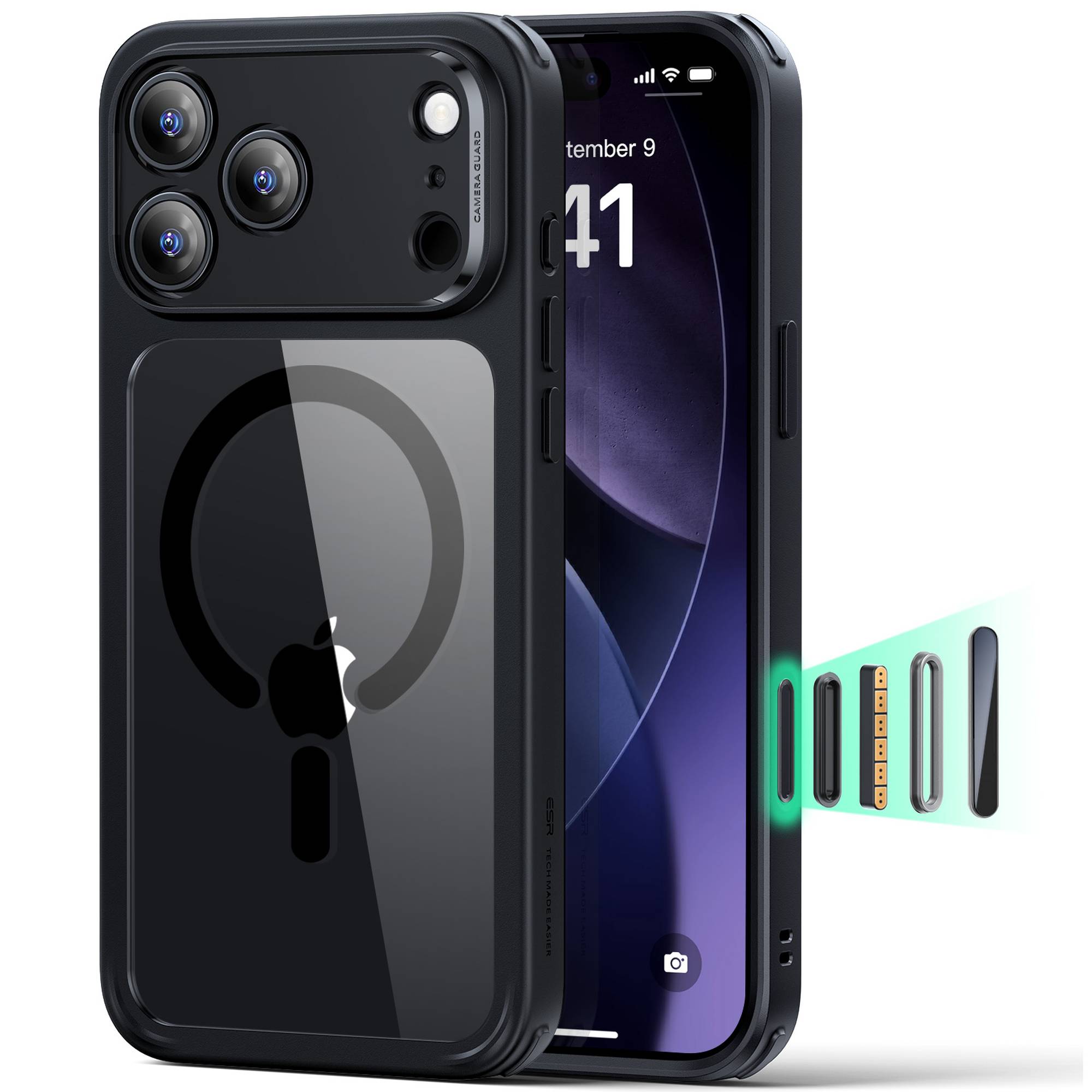 ESR Classic Hybrid HaloLock Case mit Kamerasteuerung Taste | Apple iPhone 17 Pro Max | transparent/schwarz | 1A86400301