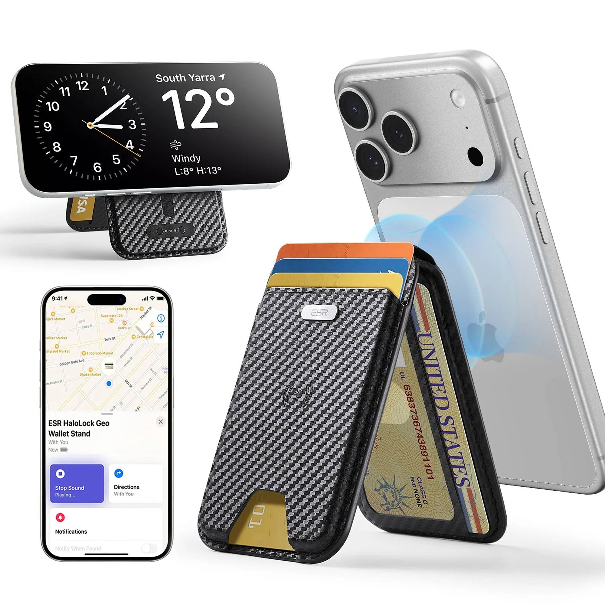ESR Geo Magnetic Wallet Stand für Karten mit Find My Funktion | MagSafe | carbon fiber schwarz | 2K6570261