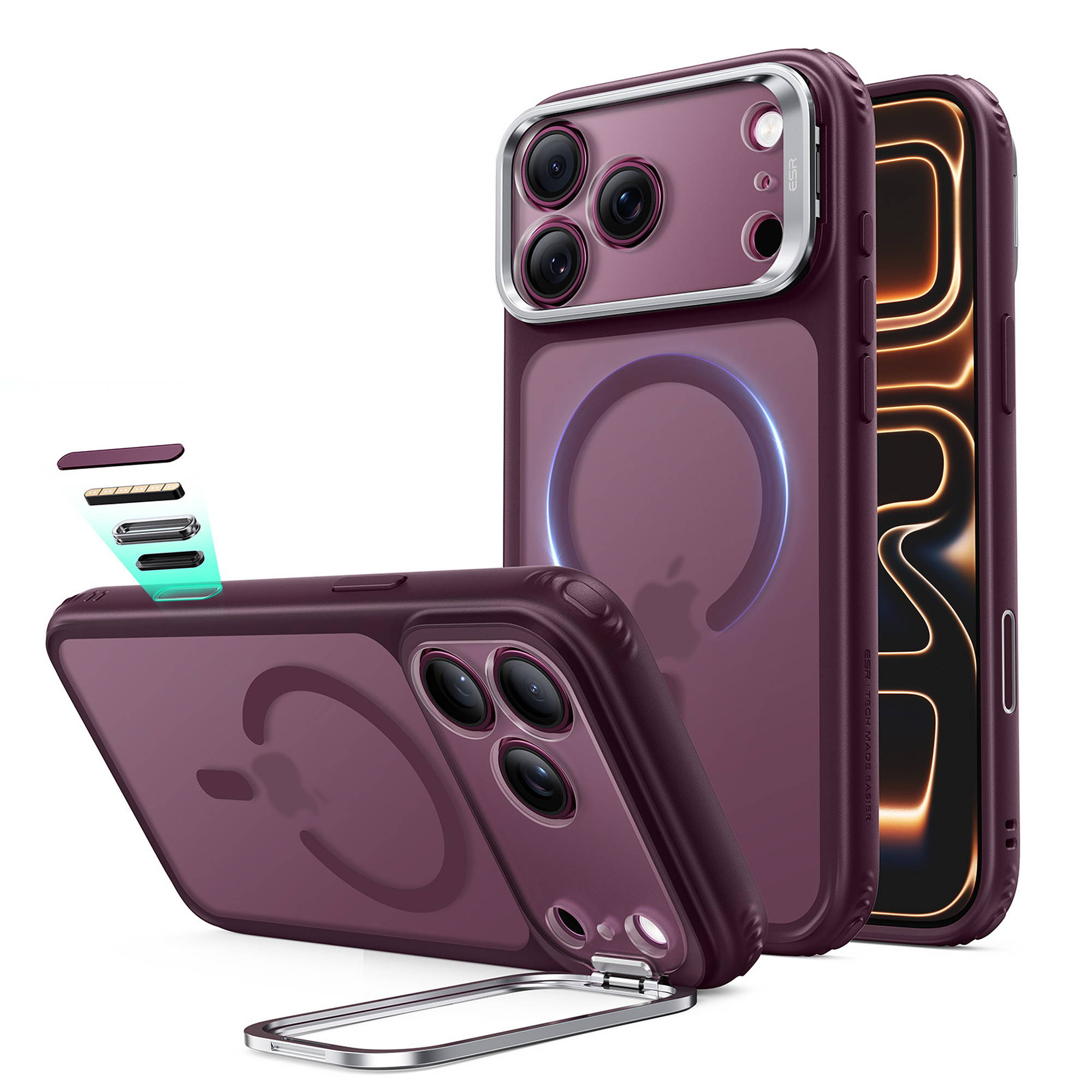 ESR Classic Hybrid Magnet Case mit Kamerasteuerung Taste & Stash Stand | Apple iPhone 18 Pro Max/17 Pro Max | frosted deep burgundy (transparent) | 1A91000402