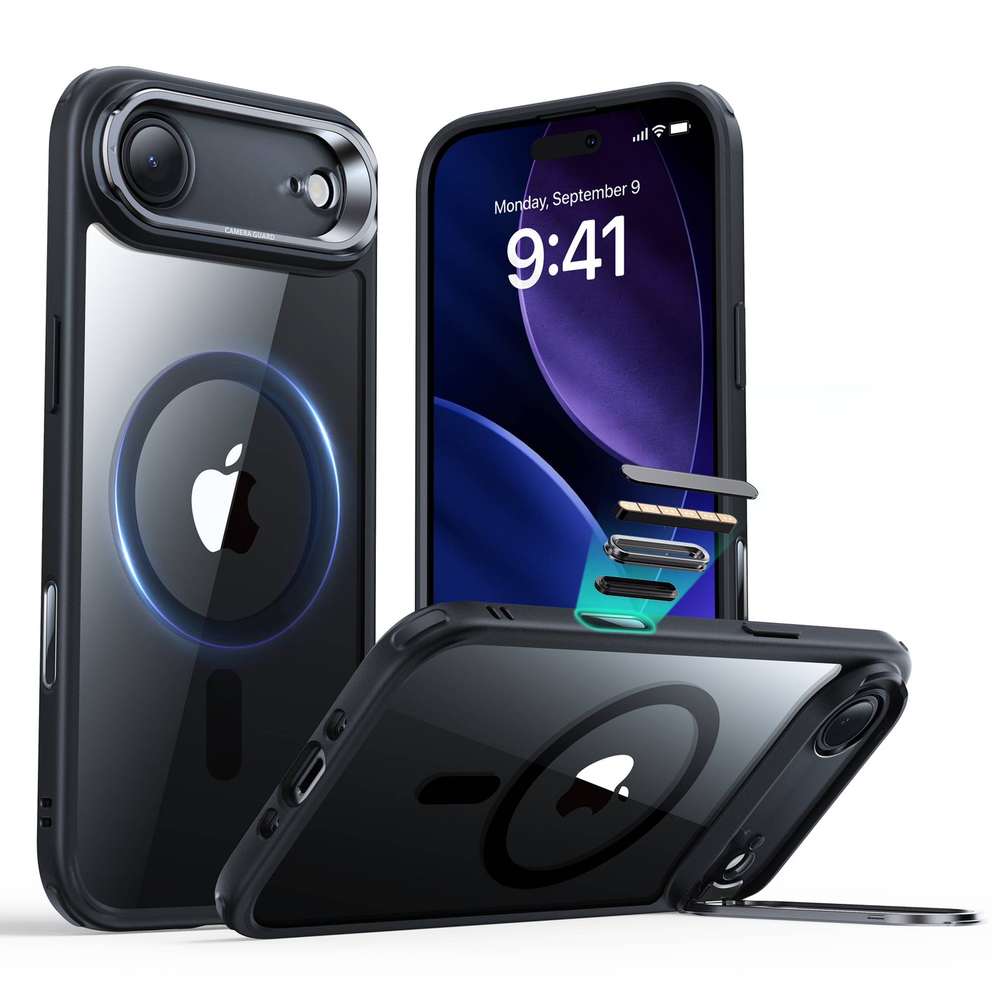 ESR Classic Hybrid HaloLock Case mit Kamerasteuerung Taste & Stash Stand | Apple iPhone Air | transparent/schwarz | 1A86600301