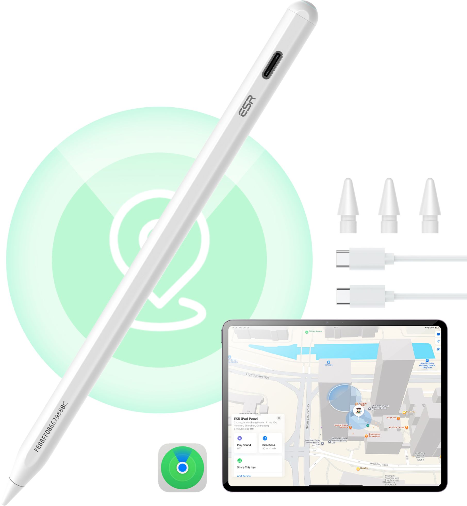 ESR Geo Digital Pencil Stylus für Apple iPads mit Find My Funktion | weiß | 6C0060202