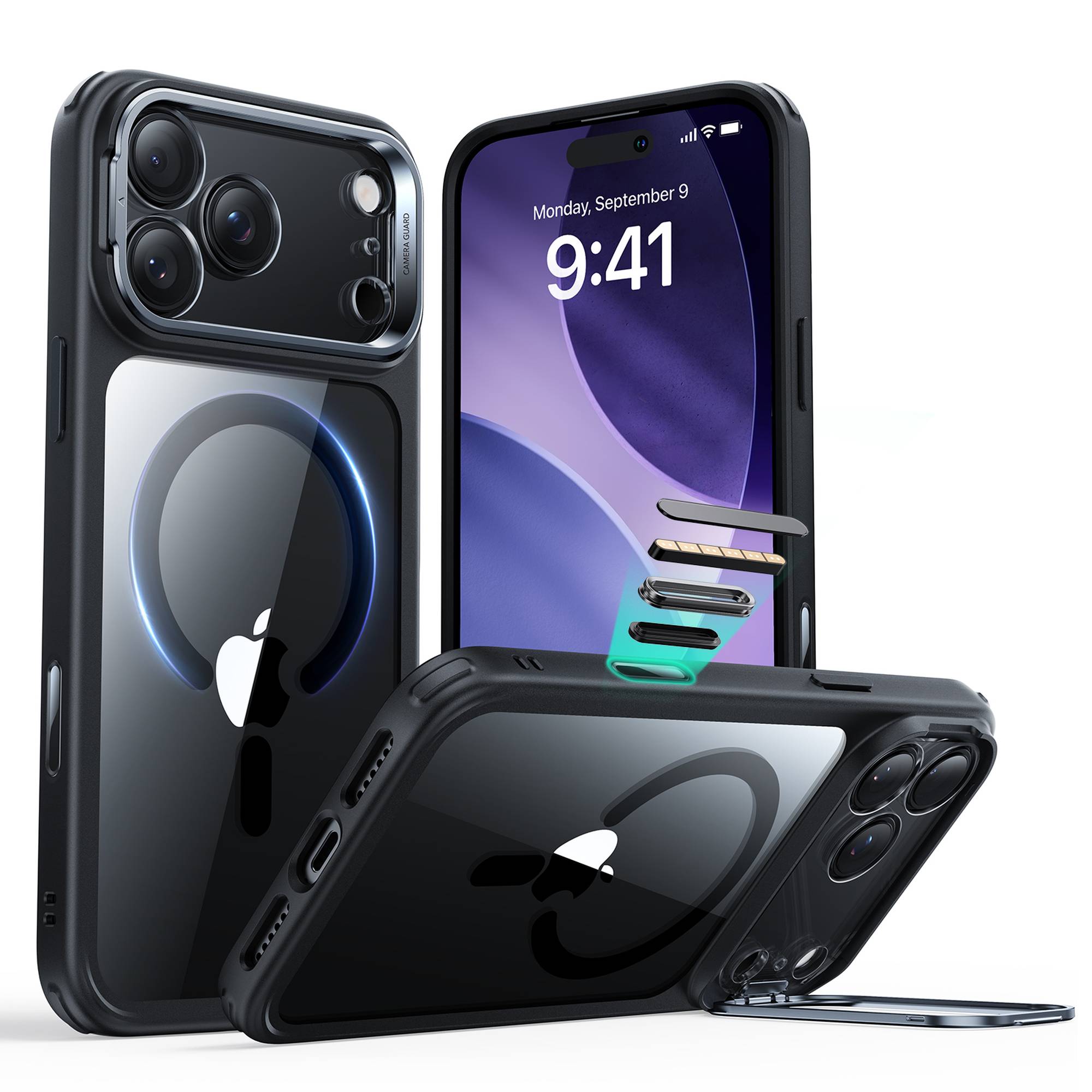 ESR Classic Hybrid HaloLock Case mit Kamerasteuerung Taste & Stash Stand | Apple iPhone 17 Pro | transparent/schwarz | 1A86700301