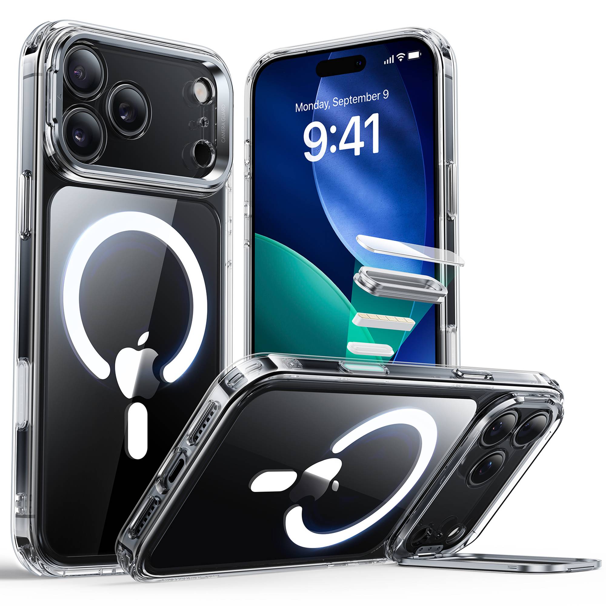 ESR Classic Hybrid HaloLock Case mit Kamerasteuerung Taste & Stash Stand | Apple iPhone 17 Pro Max | transparent | 1A86800101
