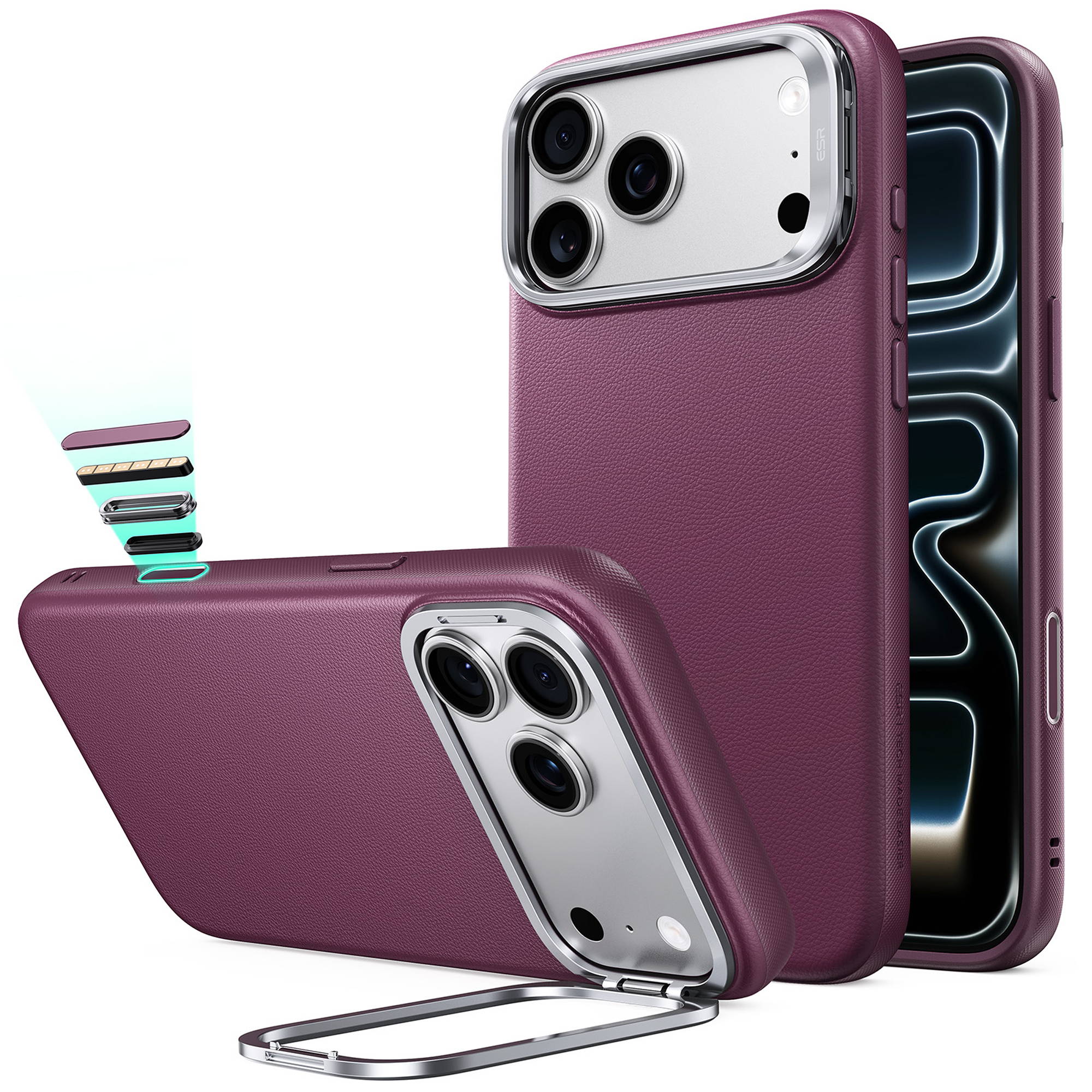 ESR Atelier Leder Magnet Case mit Kamerasteuerung Taste & Stash Stand | Apple iPhone 18 Pro/17 Pro | deep burgundy | 1A91500302